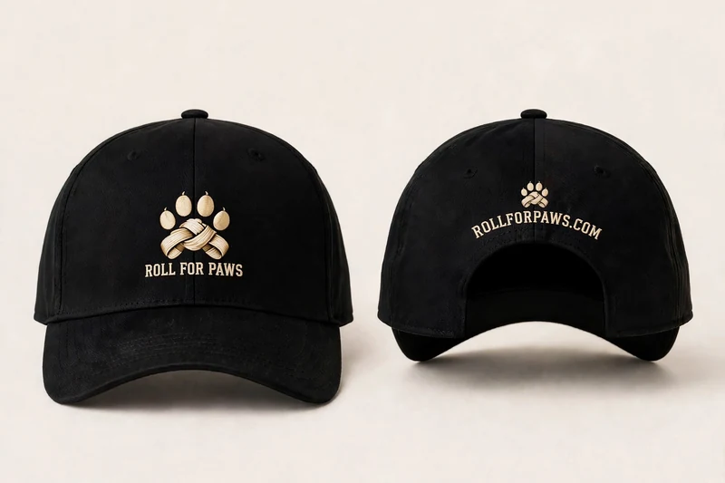 Front and back mockup of the black Roll for Paws supporter cap.