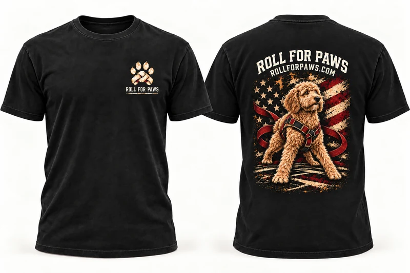 Front and back mockup of the black Roll for Paws supporter T-shirt.